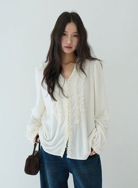 气质千金 法式温柔重工蕾丝丝绒长袖衬衫显瘦开衫11095强明女装