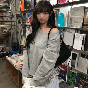 JCFS美式复古斜肩长袖T恤女2025春秋新款宽松显瘦休闲百搭上衣潮