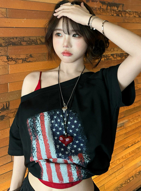 lulushop美式复古旗帜印花斜肩短袖T恤女夏新款宽松百搭休闲上衣