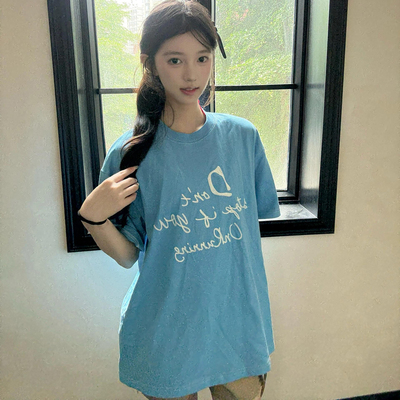 JCFS~蓝色小众字母印花短袖T恤女