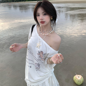 JCFS~美式辣妹白色斜领露肩短袖t恤女夏季韩系涂鸦印花慵懒风上衣
