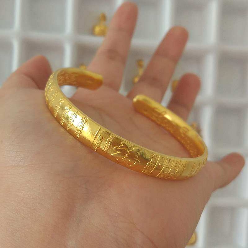高档黄金老人手镯百福开口9999足金包银花丝心经金镯子送老人不掉