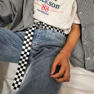 经典黑白棋盘格子皮带帆布学生腰带男女通用布带装饰格纹收腰裤带