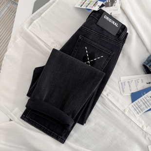 刺绣马吉拉！法棍四面弹！修身显腿直~ 春九分高腰直筒烟管牛仔裤