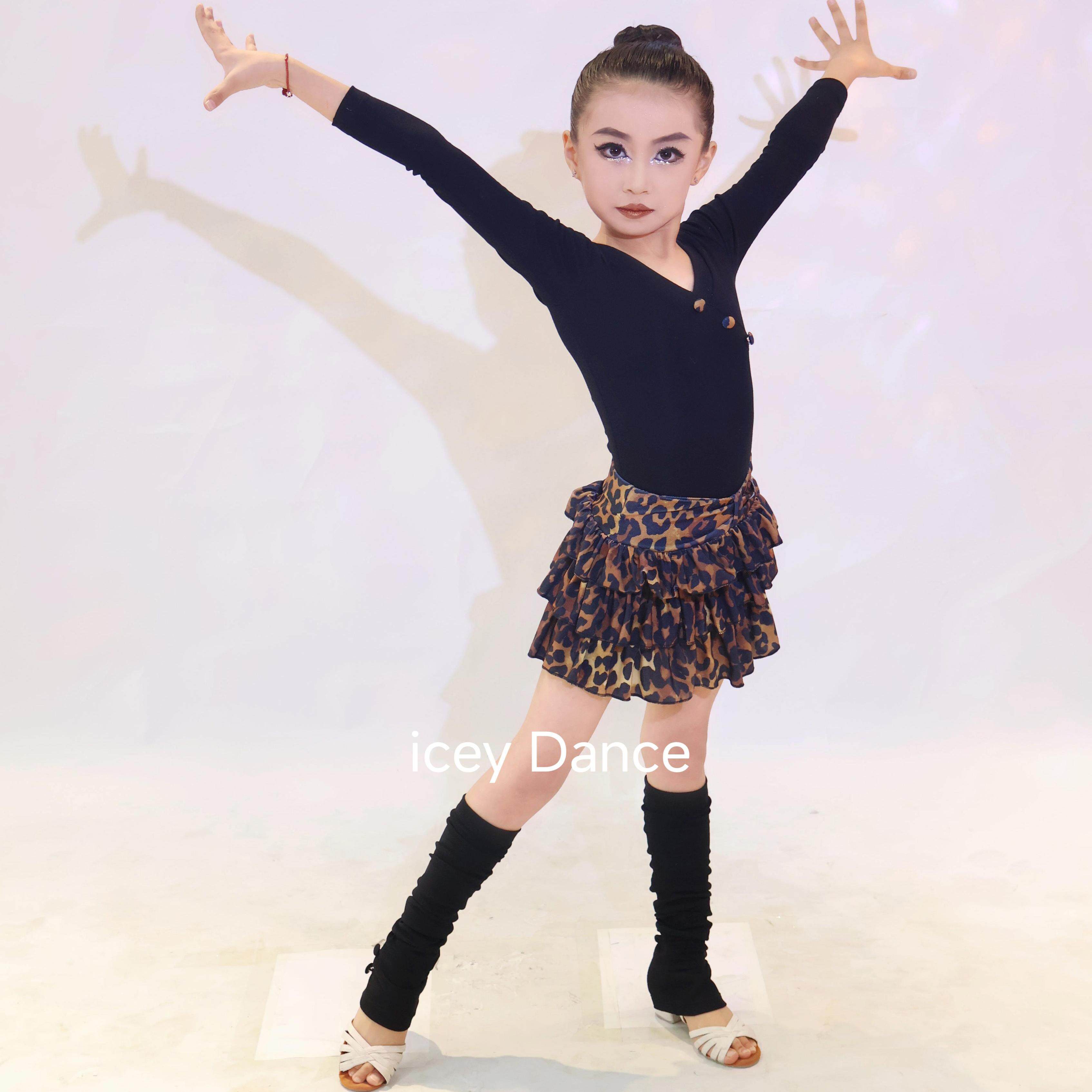 Icey拉丁舞春秋新款女童练功服表演服长袖豹纹裙