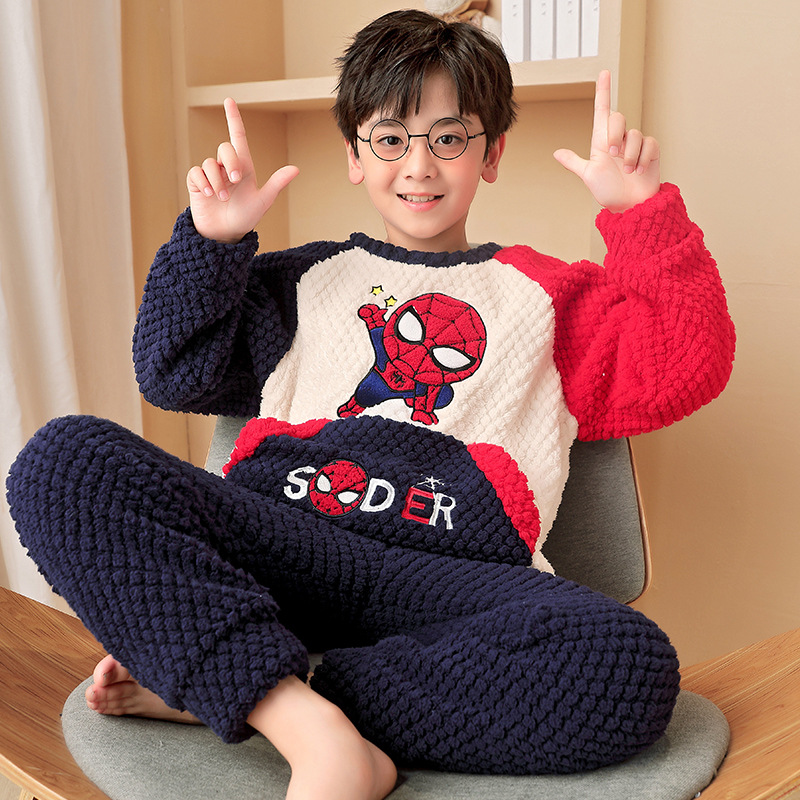 2023新款儿童睡衣男童秋冬季珊瑚绒加厚套装男孩法兰绒大童家居服