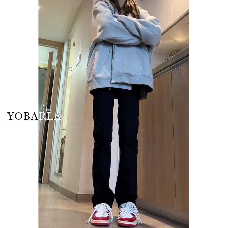 黑色牛仔裤女冬季加绒大码胖mm高腰弹力显瘦梨型身材窄版直筒裤子