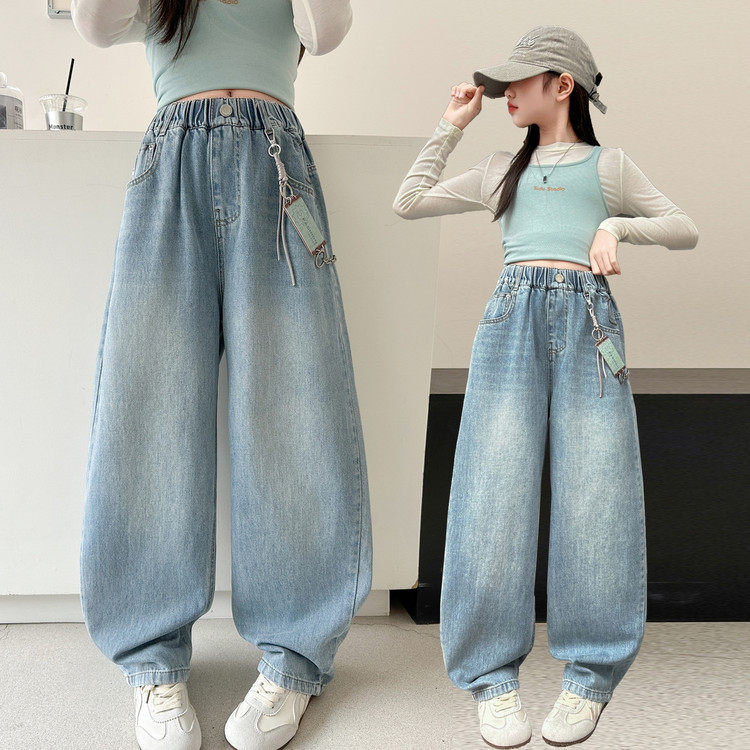女童春秋牛仔裤2026新款女大童春装休闲阔腿裤儿童春季百搭弯刀裤