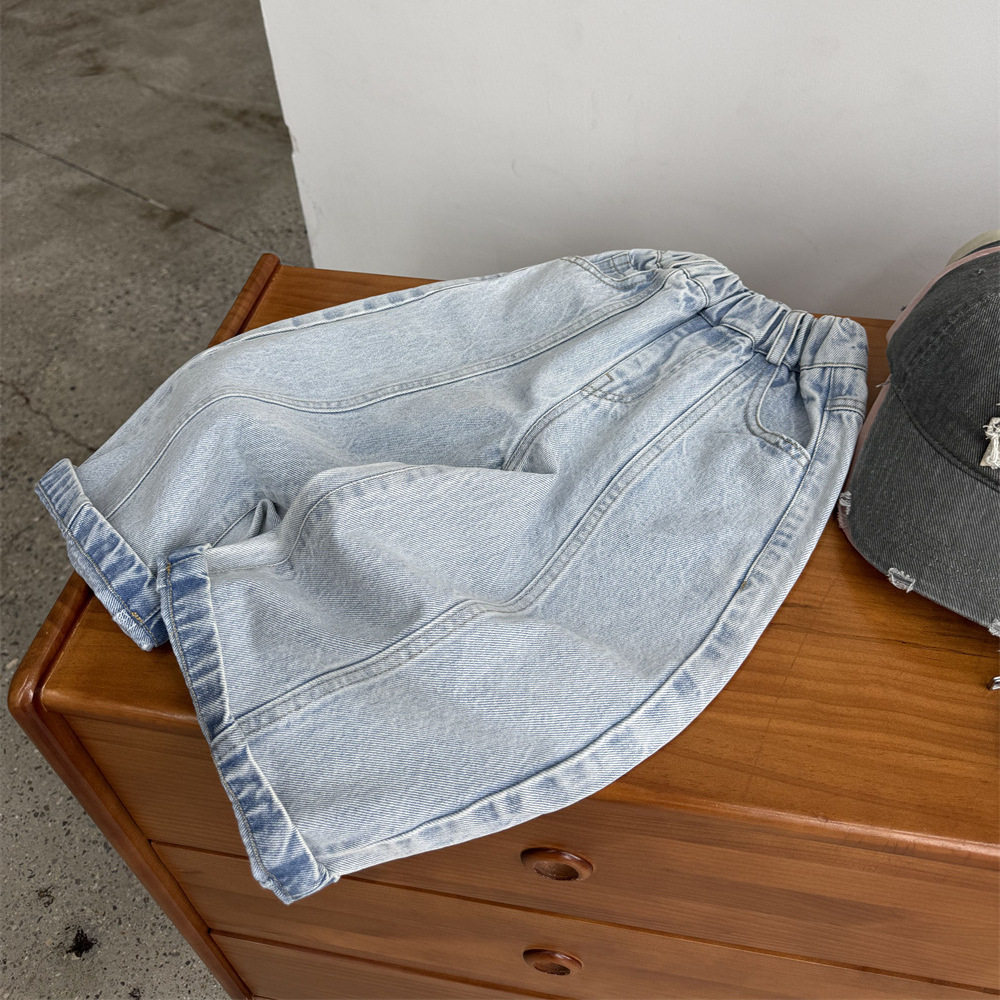 春季儿童浅蓝色超赛牛仔宽松直筒裤男童女童美式砂洗拼接牛仔长裤