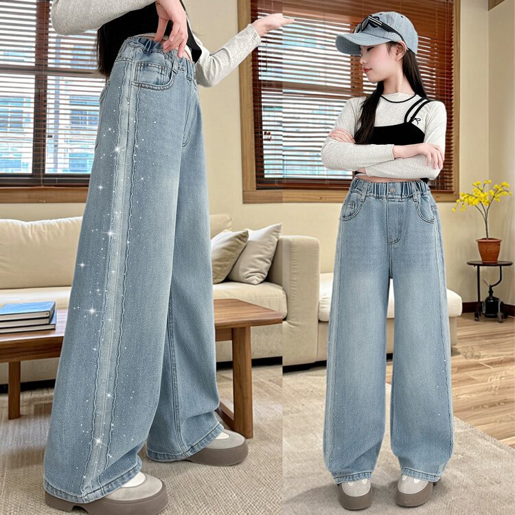 2026新款女童牛仔阔腿裤春秋装休闲长裤中腰直筒裤浅蓝色大童裤子