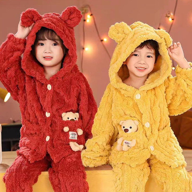 儿童睡衣法兰绒秋冬季男童女童珊瑚绒加厚保暖卡通可爱洋气