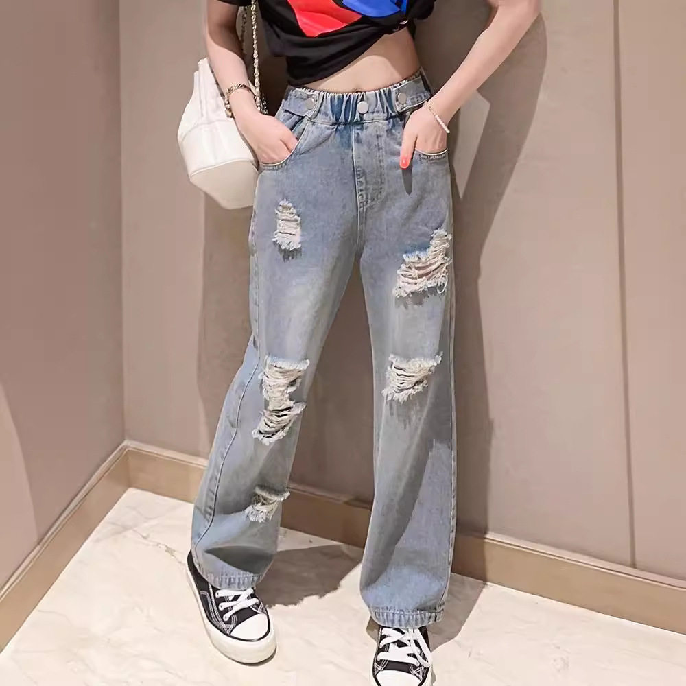 跨境女童牛仔裤夏季女孩休闲洋气儿童春装中大童破洞阔腿裤子