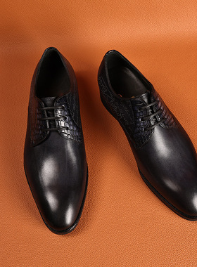 ARESGATOR擦色鳄鱼皮得比鞋男真皮潮三接头休闲商务男士正装皮鞋