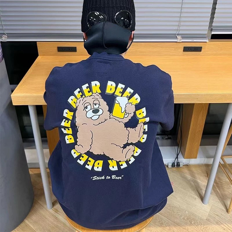 BEAMS JAPAN 日系宽松纯棉圆领小熊卡通印花红绳短袖情侣T恤图片