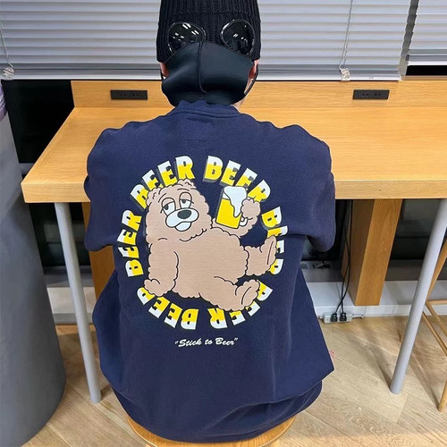 BEAMS JAPAN 日系宽松纯棉圆领小熊卡通印花红绳短袖情侣T恤