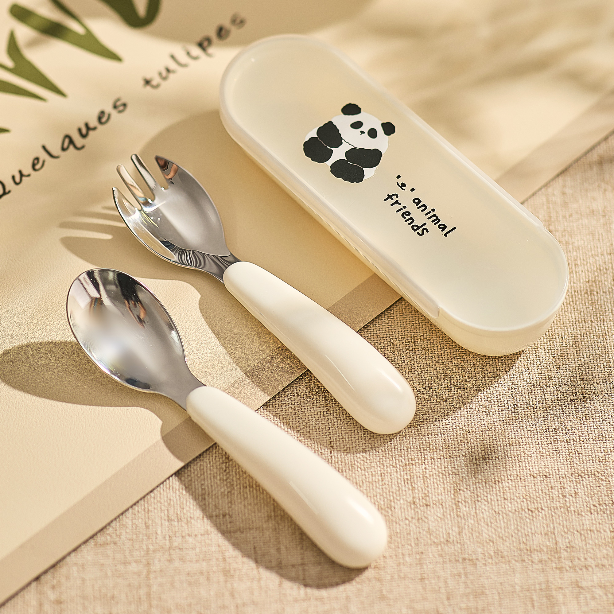 熊猫元宝勺便携式儿童餐具食品级不锈钢吃饭勺子叉子可爱辅食勺