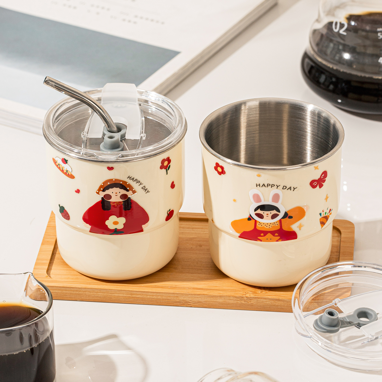 不锈钢咖啡杯子带盖便携吸管水杯办公室女士个人专用高颜值喝水杯