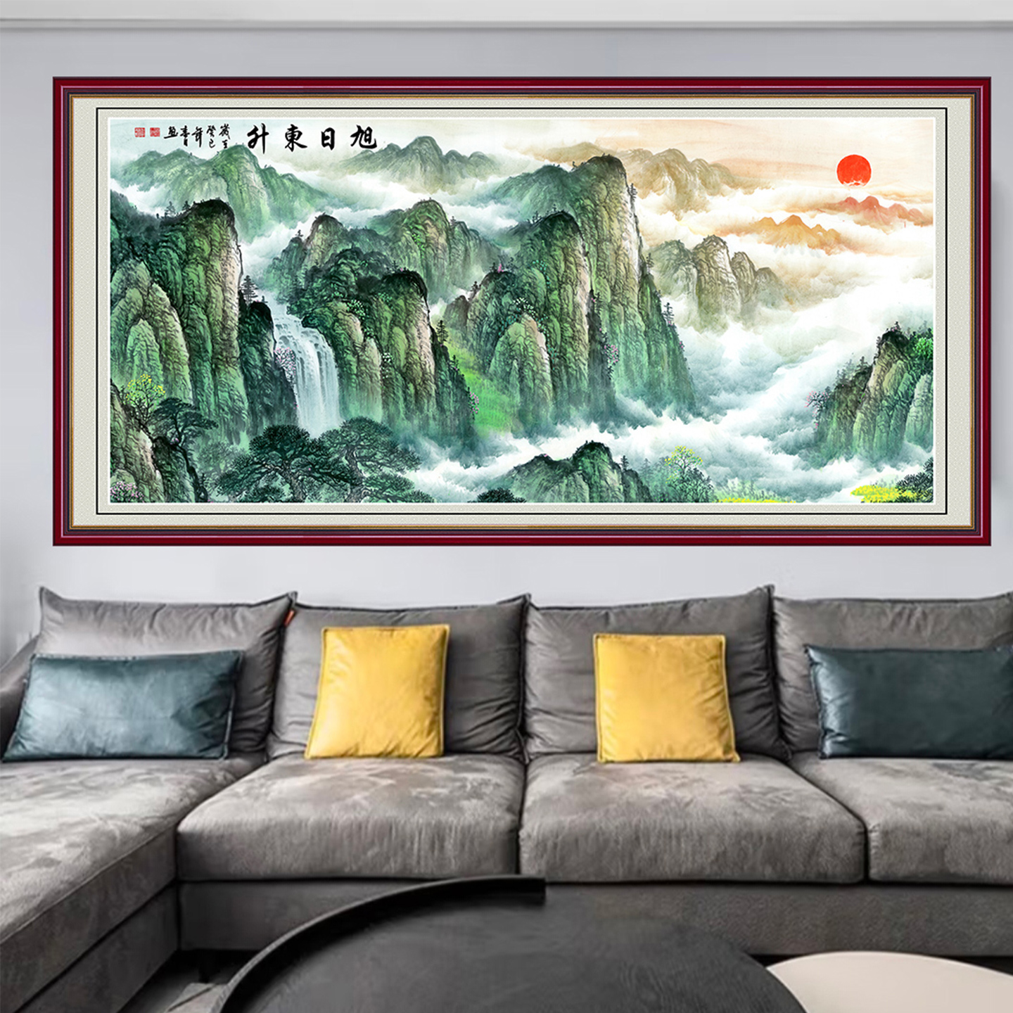 放彩旭日东升客厅挂画自粘贴壁画