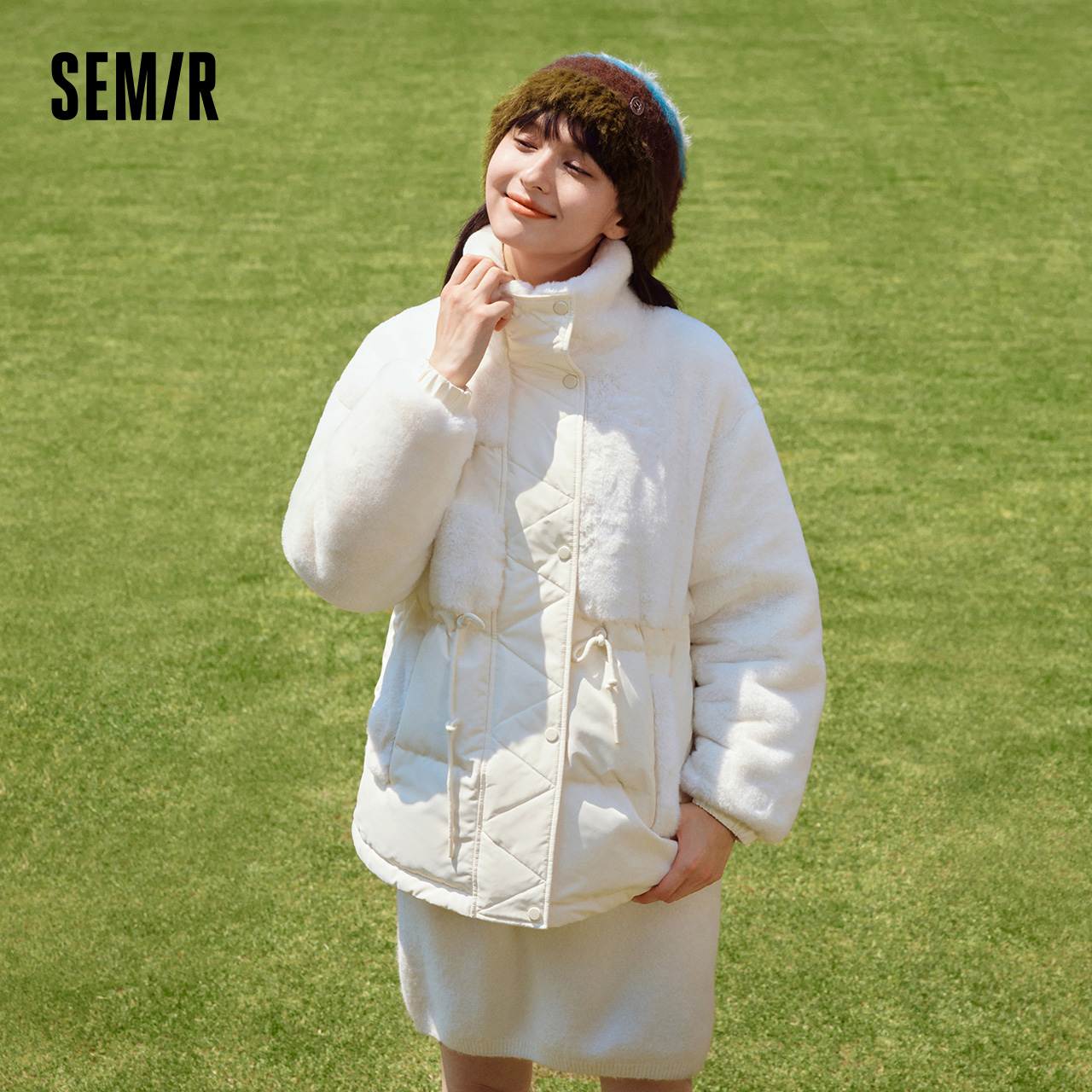 森马羽绒服女中长款宽松拼接仿兔毛冬立领收腰薄外套慵懒新款2XY