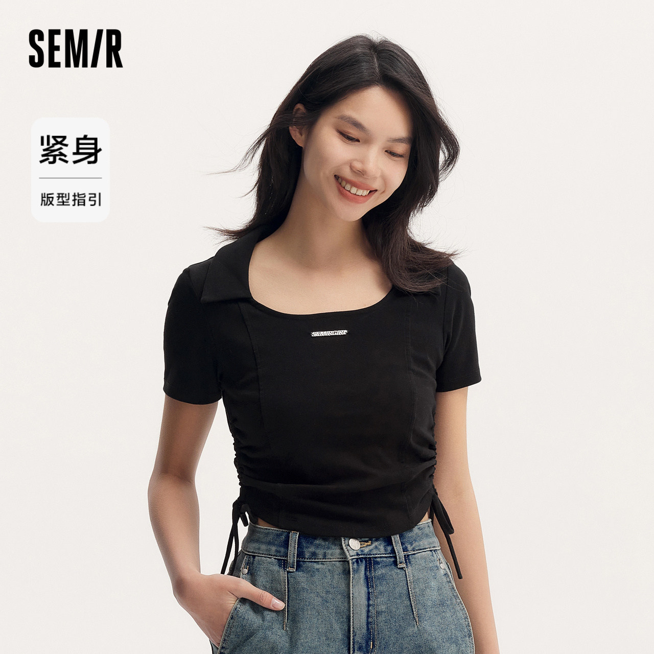 SEMIR POLO 셔츠 여성용 짧고 눈에 띄지 않는 조임끈 탑 타이트하고 슬림한 여름 심플 레터 풀오버 다목적