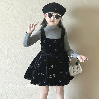 韩国童装2025秋季新款黑色碎花丝绒连衣裙女童气质赫本风背心裙潮
