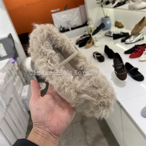 时尚简约羊毛平底玛丽珍鞋毛毛鞋