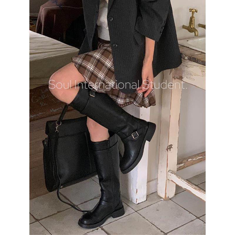 韩国复古圆头皮带扣高筒骑士靴女灰姑娘冬显瘦低跟时装靴长靴,女鞋,骑士靴,淘宝优惠券,粉丝福利购,淘宝优惠卷