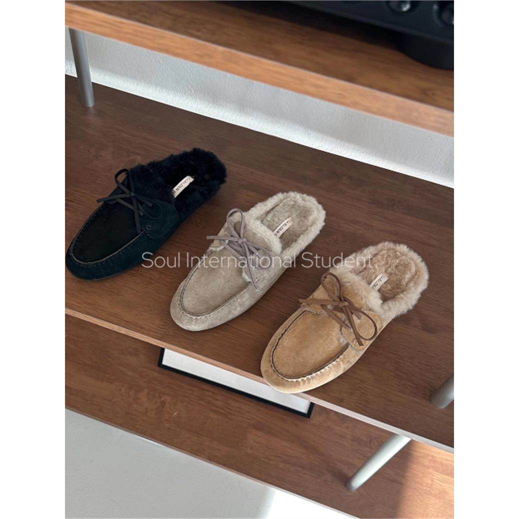 韩国加绒真皮包头拖鞋女灰姑娘秋冬新款复古蝴蝶结百搭毛毛拖,女鞋,毛毛鞋,淘宝优惠券,粉丝福利购,淘宝优惠卷