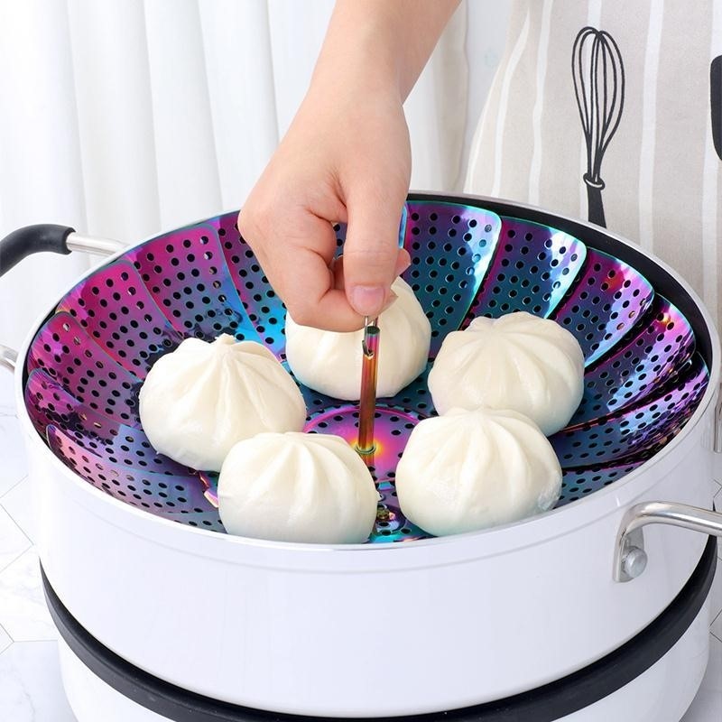 不锈钢蒸笼包子创意圆形伸缩蒸盘家用多功能折叠隔水蒸架