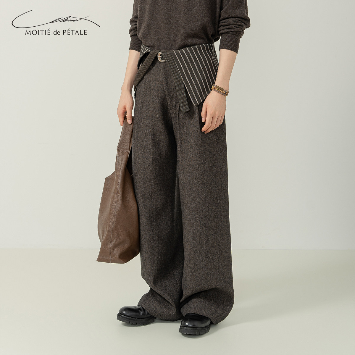 半片花瓣 翻页条纹拼接飘带全衬羊毛西裤 复古撞色老钱直筒长裤,男装,休闲裤,淘宝优惠券,粉丝福利购,淘宝优惠卷