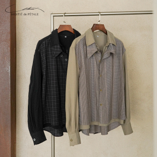 拼接设计感百搭休闲长袖 半片花瓣 双领假两件肌理感格纹衬衫