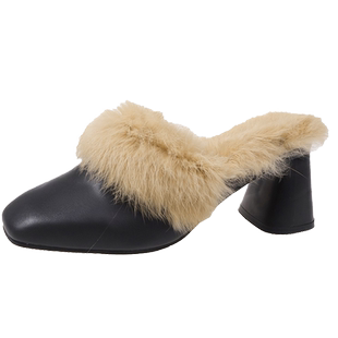 秋冬天新款粗跟带毛毛拖鞋女外穿包头半拖单鞋网红高跟穆勒鞋女鞋