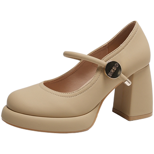 高跟鞋女2026新款白色粗跟一字带单鞋女款鞋子气质法式玛丽珍女鞋