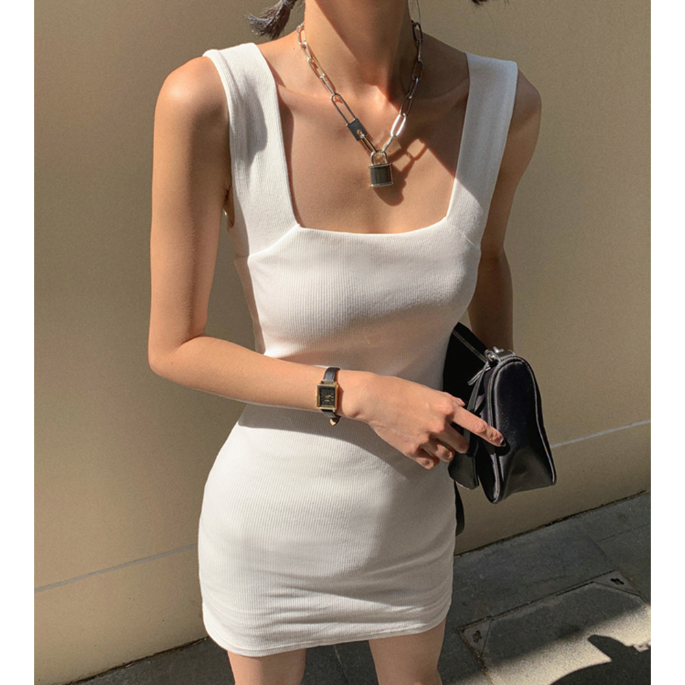 白色方领背心裙夏季紧身性感连衣裙女辣妹修身显瘦高腰包臀短裙子