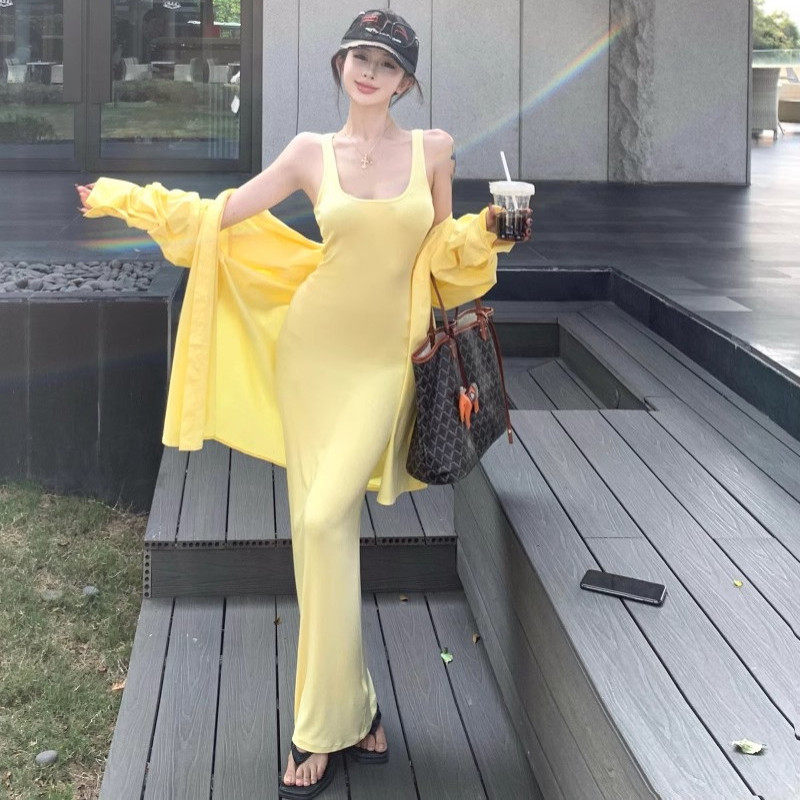 黄色吊带连衣裙鱼尾长裙女夏季休闲polo领长袖衬衫外套女两件套装