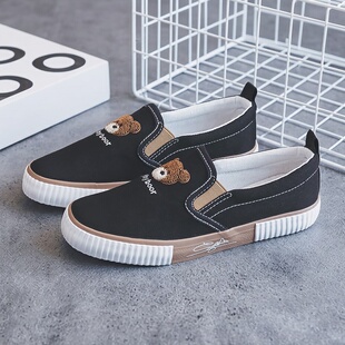 百搭透气不累脚板鞋 2026新款 潮 女黑色一脚蹬懒人鞋 小熊绣花帆布鞋