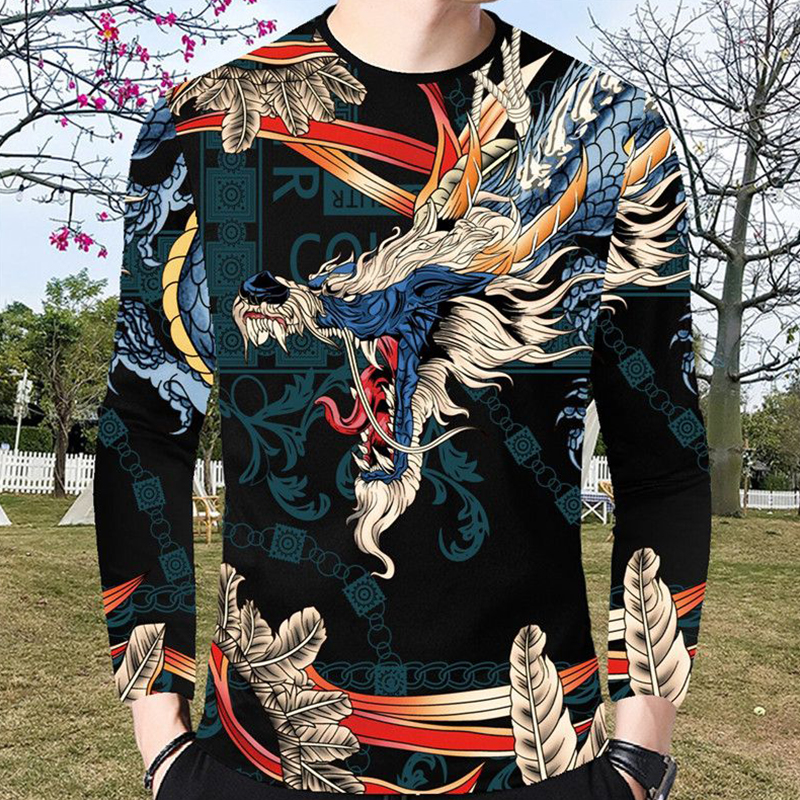 2025新款薄款长袖T恤夏秋男士中青年圆领宽松大码印花上衣服潮流