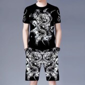 休闲运动套装 韩版 夏季 男士 短袖 T恤短裤 潮流牌龙图案加大码 两件套