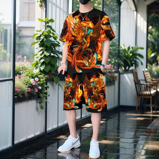 冰丝夏季男士新款休闲社会精神小伙套装2026时尚3D印花百搭两件套