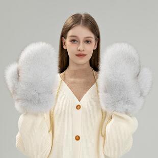 冬季韩版狐狸毛整皮挂脖连指手套女可爱加厚保暖皮草毛毛真皮手套