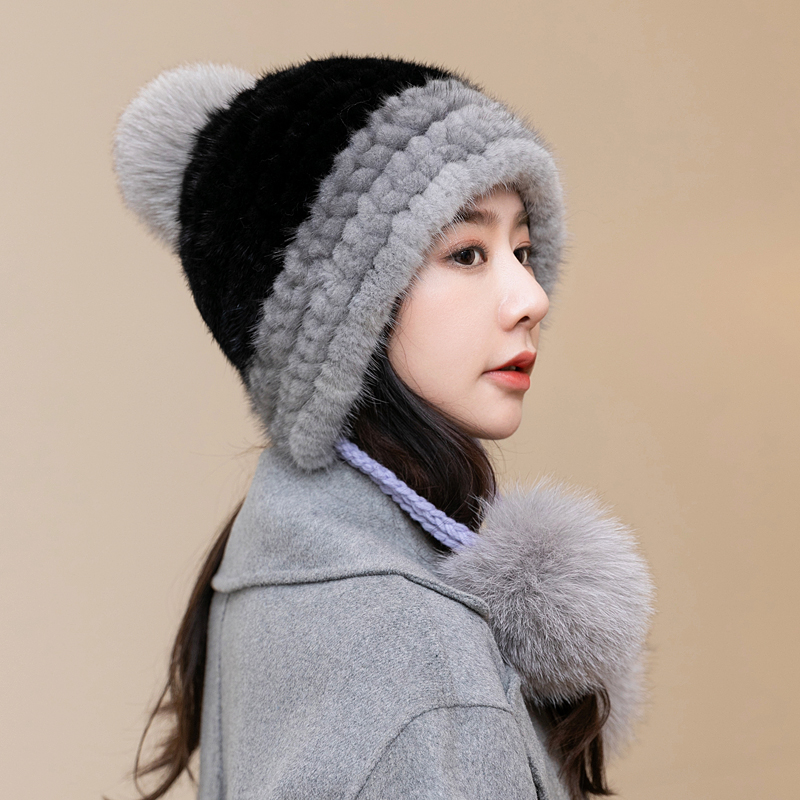水貂帽子女士冬季韩版休闲狐狸毛球保暖护耳皮草帽貂毛编织貂皮帽