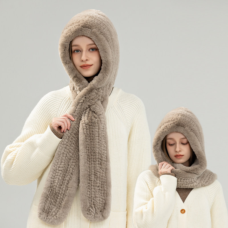 獭兔毛帽子围巾一体风雪帽冬季保暖护耳皮草帽子披肩防风帽滑雪帽