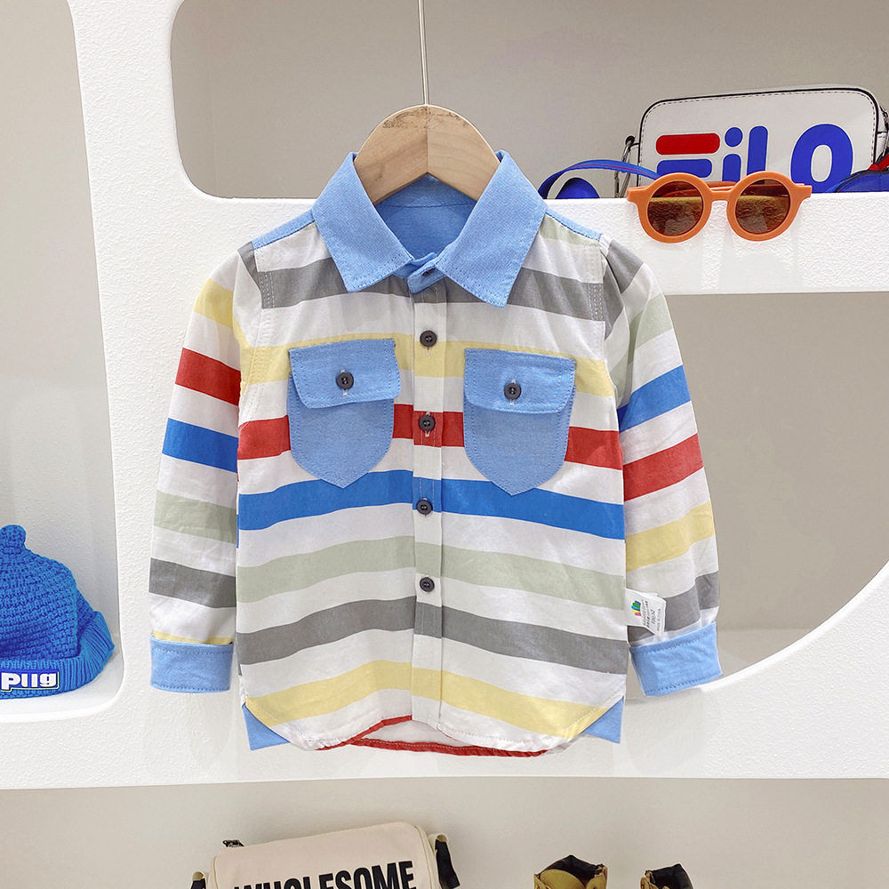 儿童彩条衬衫春款宝宝上衣翻领2023新款童装中大童男童长袖衬衣潮,童装/婴儿装/亲子装,衬衫,淘宝优惠券,粉丝福利购,淘宝优惠卷