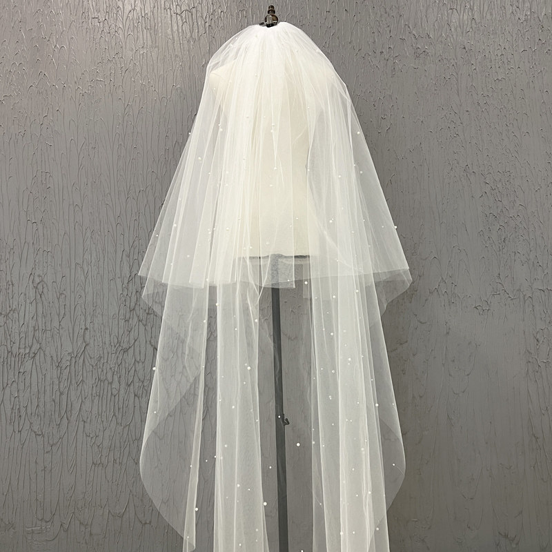 韩式高档婚礼婚纱配饰圆脸显瘦新娘结婚头饰齐地双层珍珠头纱简单