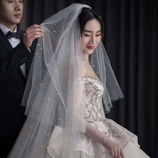 头纱新娘主婚纱拍照道具领证长款 微闪稀珠钻头饰双层拖尾复古超仙