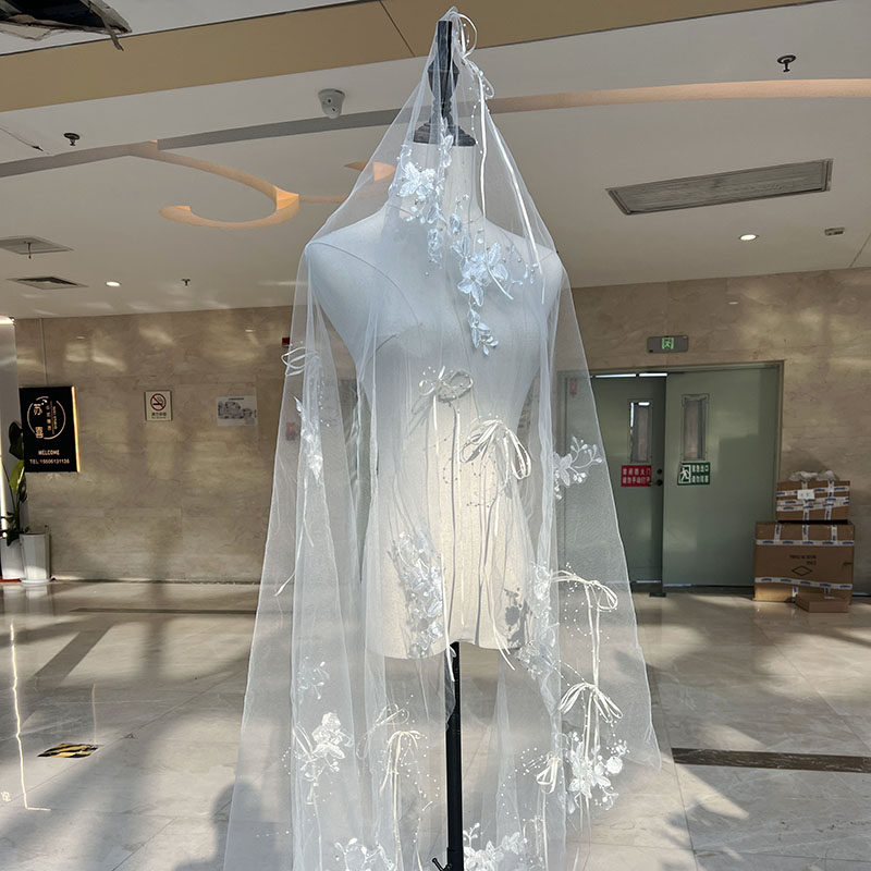 新款蝴蝶结唯美波浪边手工纱花仙气新娘头纱齐地婚礼白纱旅拍配饰