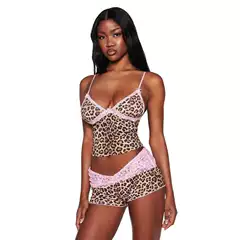 I.Am.Gia Leopard Print Lace-Trimmed Camisole Slim-Fit Top Shorts Sexy Leopard Print Lace Color-Blocked Dress