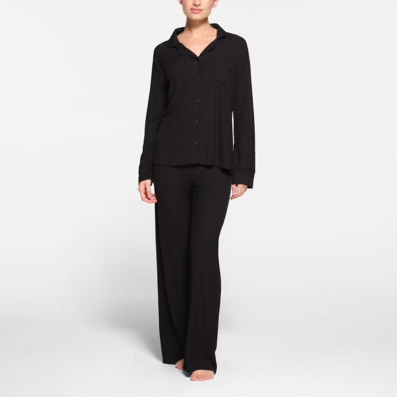 thumbnail for SKIMS Kardashian Spring and Autumn Modal Women's Pajamas Threaded Design Long Sleeve Pants Wear Cotton Loungewear
