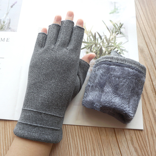 秋冬季男女款半露指加厚加绒保暖可触屏开车骑行纯色德绒写字手套