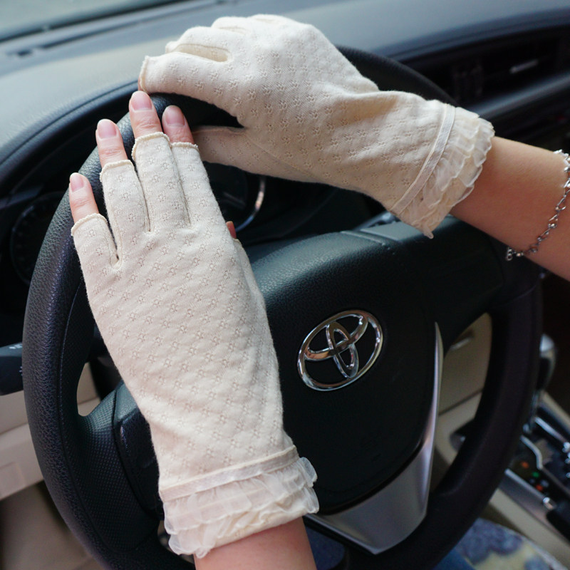 瑞迪卡欧夏季女士防晒防紫外线纯棉透气半指开车防滑薄款触屏手套